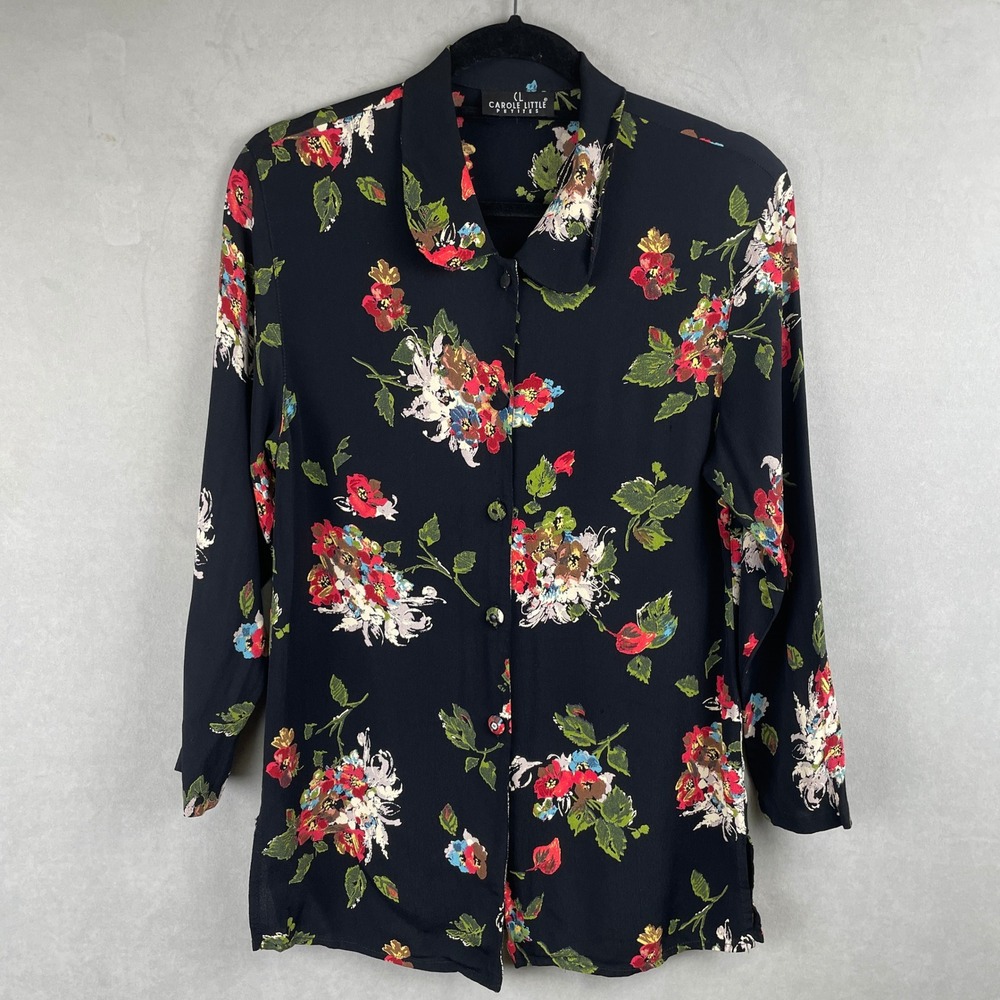 Carole Little Petites Vintage 90s Whimsigoth Artsy Black Floral Button Up Blouse